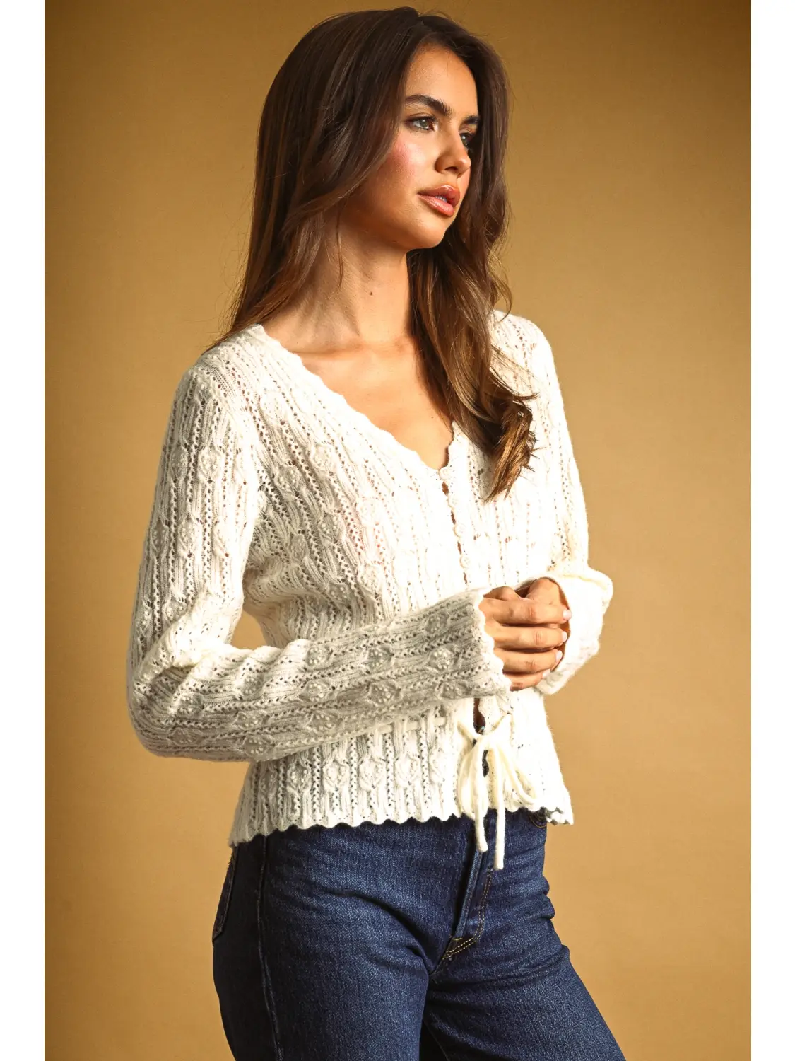 Lace Knit with Drawsting On Waist Knit Cardigan - CREAM