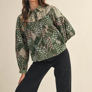 Mixed Patchwork Print Button Down Top - Green