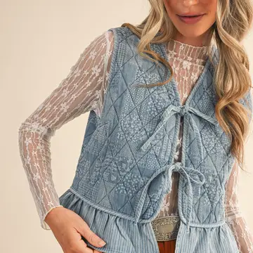 Quilted Printed Denim Ruffle Trim - LIGHT DENIM