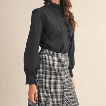 Ruffled Lace Trim Button Down Top - BLACK