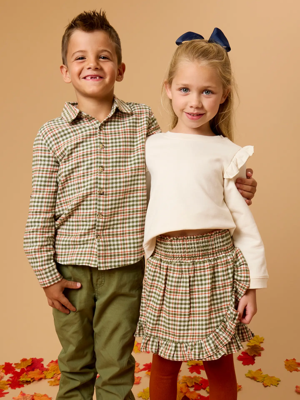 Girls Classic Dusty Olive Houndstooth Smocked Ruffle Skort