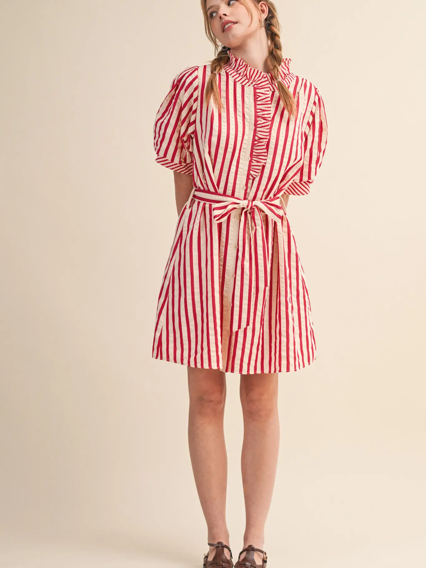 Striped Ruffled Button Down Mini Dress - BERRY RED SRTIPE