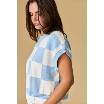 Hannah Loose Fit Checker Knit Top - Blue