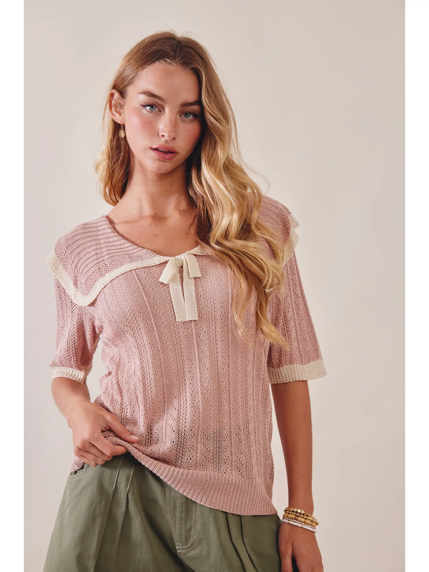 Knit Sailor-Collar Ribbon Top - ROSE LATTE