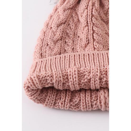 DUST ROSE CABLE KNIT POM POM BEANIE