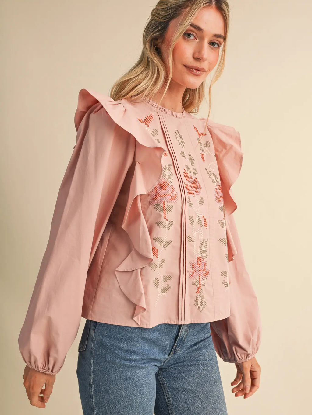 Floral Cross Stitch Ruffled Top - DUSTY ROSE