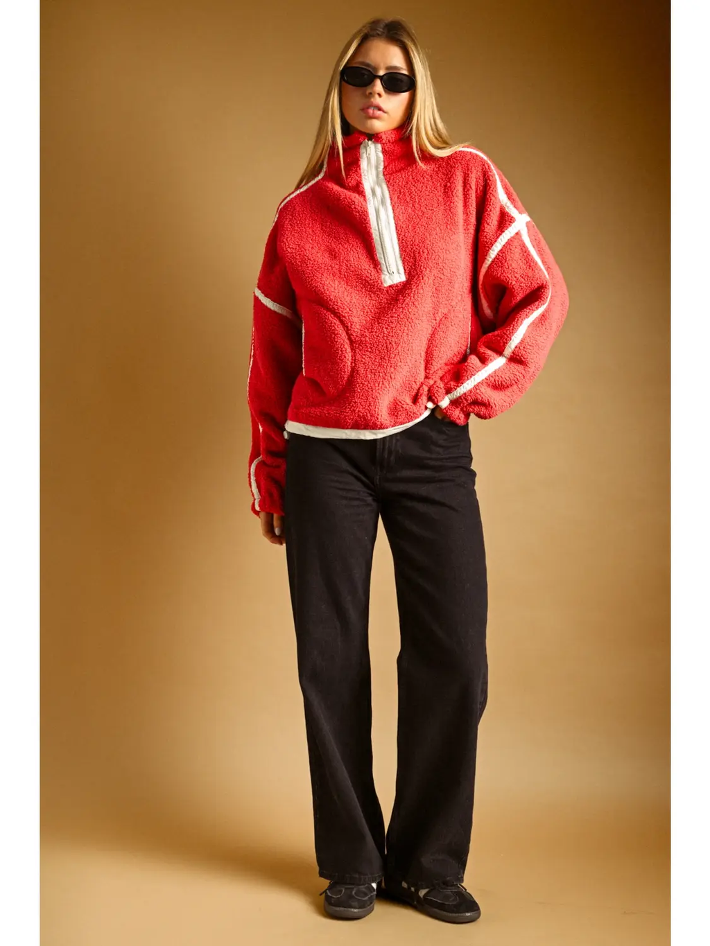 Half Zip Up Sherpa Pullover - CHERRY