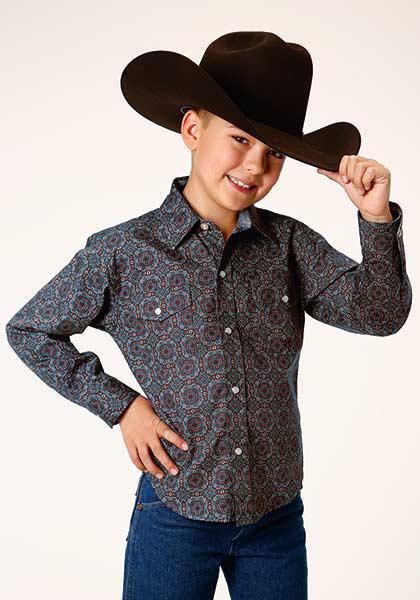 BOYS L/S SHIRT   AMARILLO SNAP ALLOVER PRINT  1378 REDWOOD MEDALLION