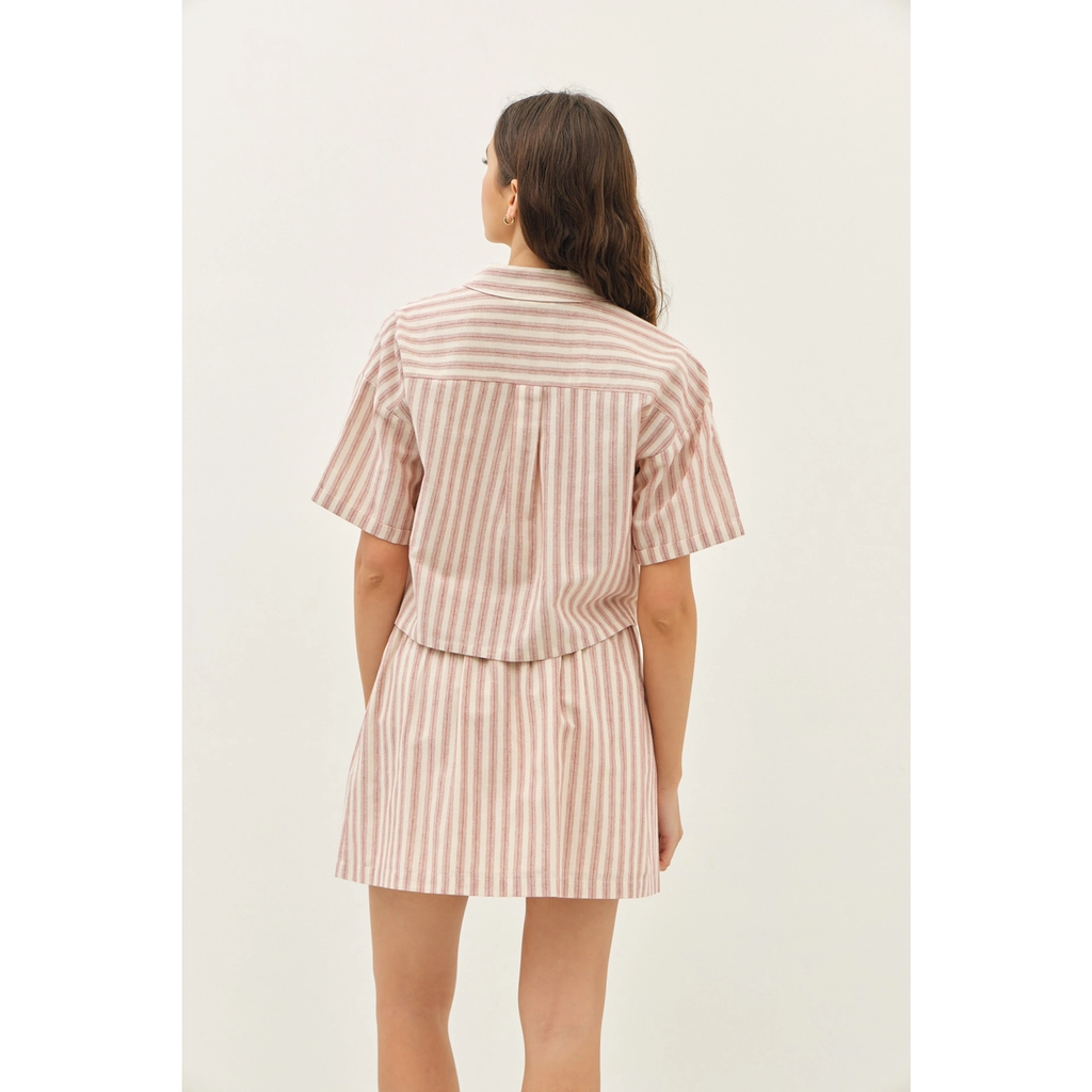 Loose Fit Stripe Polo Neck Crop Top with Drop Shoulders - Red