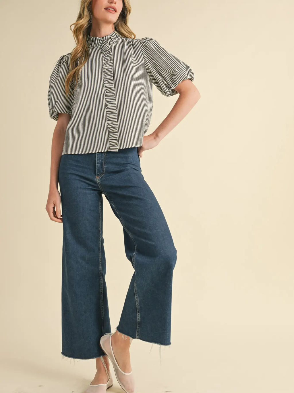 Striped Ruffle Button Down Top - DARK DENIM