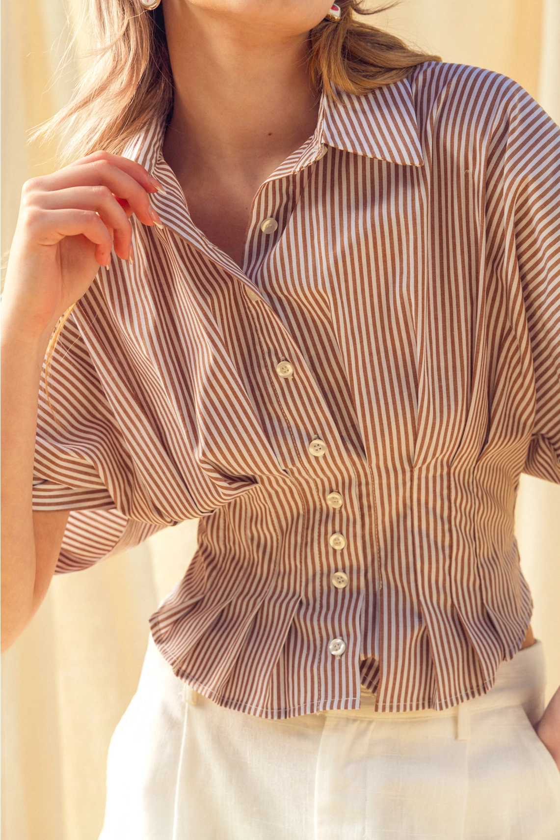 Stripe Button Front Shirts with Pleated Waist Detail