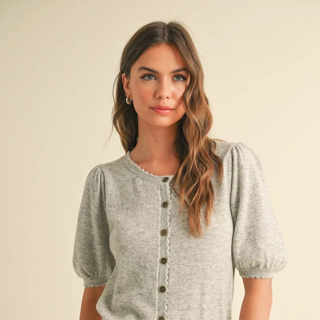Puff Short Sleeve Button Down Knit Cardigan - Heather Grey