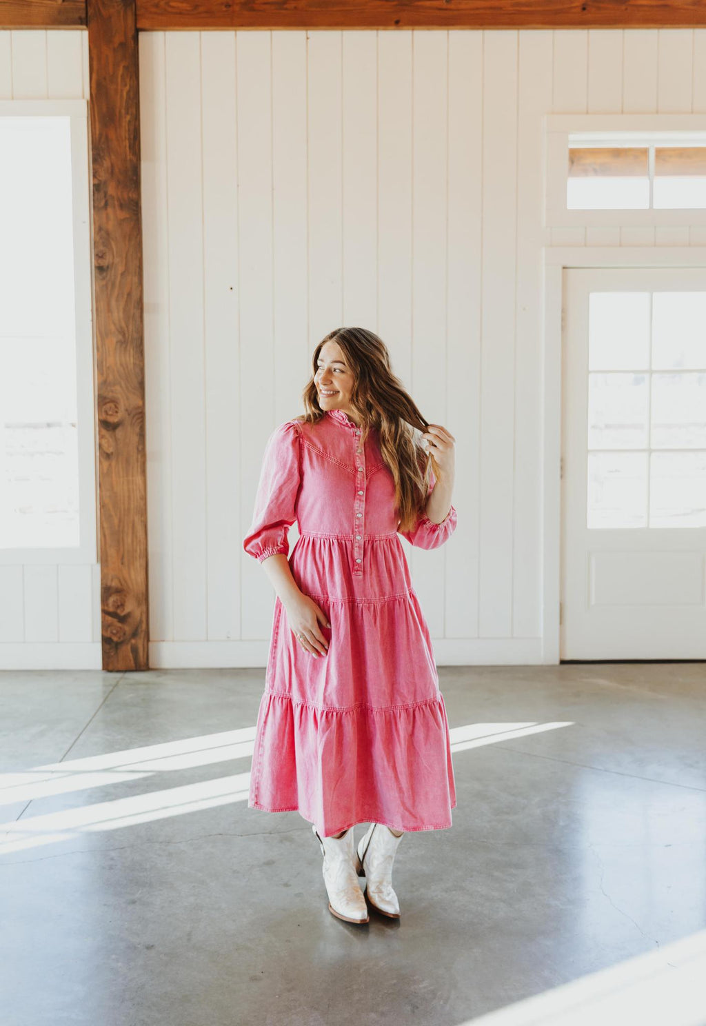 Garment Washed Chevron Yoke Midi Denim Dress - Hot Pint