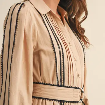 Contrast Lace Trim Belted Mini Dress - TAN BLACK