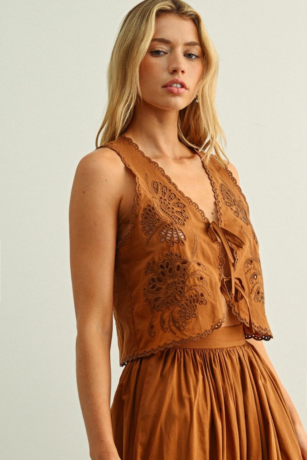 Embroidery Tied in Front Sleeveless Top - COFFEE