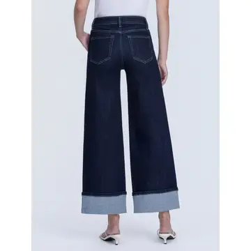 High Rise Dark Wash Cuffed Ankle Wide Leg Jeans - REVENUE