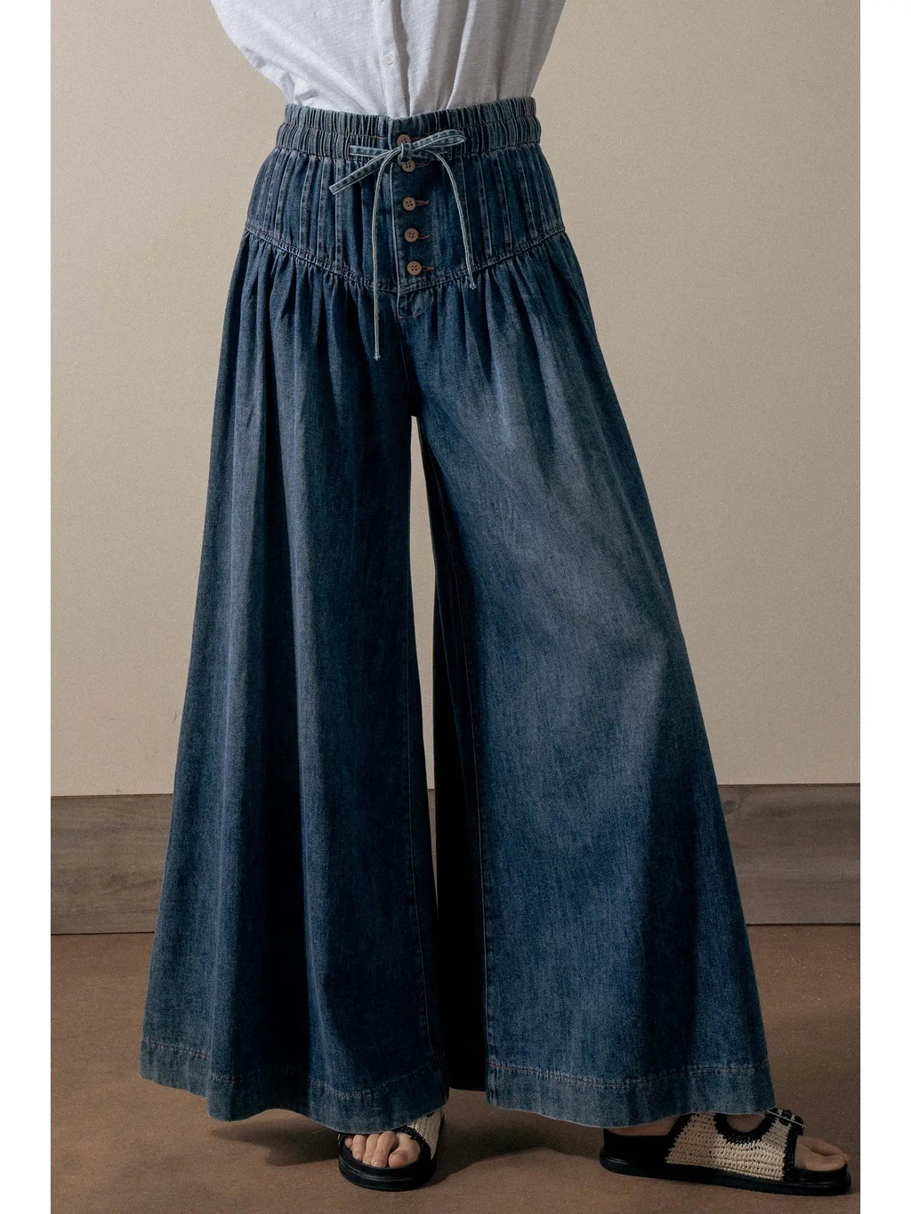 Pleated Wide-Leg Button Closure Pants - DARK DENIM