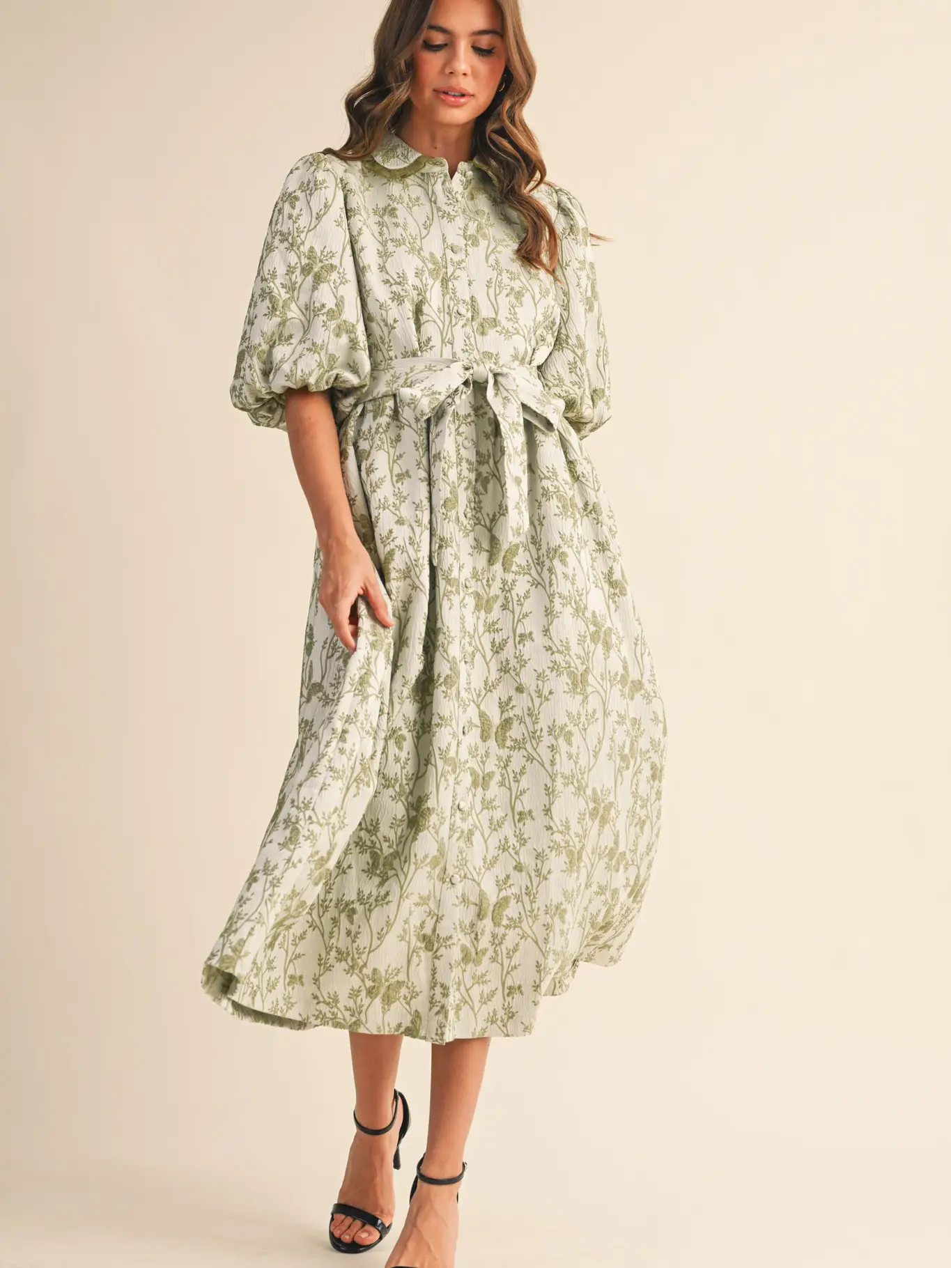 Jacquard Bubble Sleeve Button Down Midi Dress - Sage Green