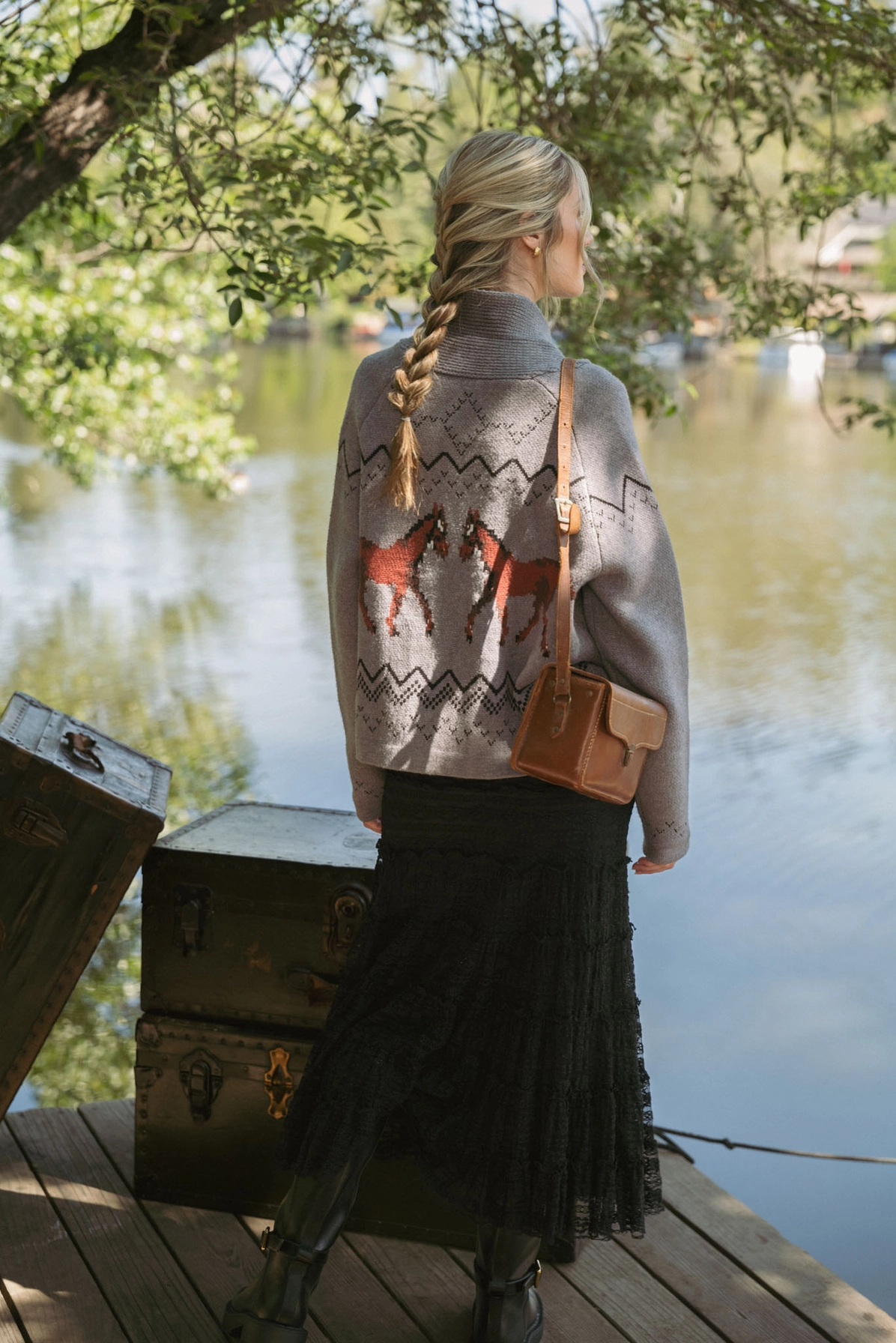 Horse Knit Sweater Cardigan - Dark Grey