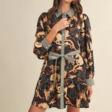 Exclusive Mixed Print Button Down Mini Dress - BLACK MULTI