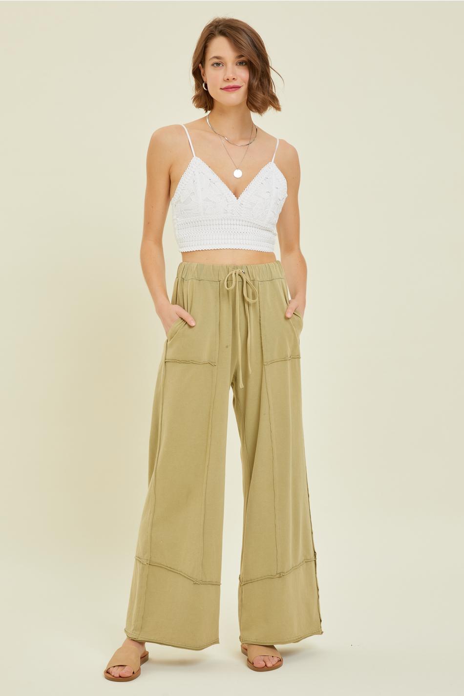 MINERAL-WASHED KNIT WIDE-LEG PANTS - SAGE