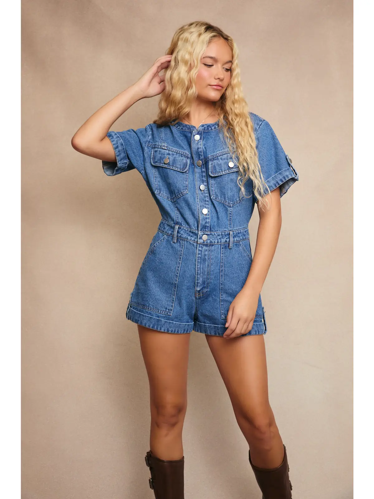 Shortalls with Washed Denim with Zip-Up Closure