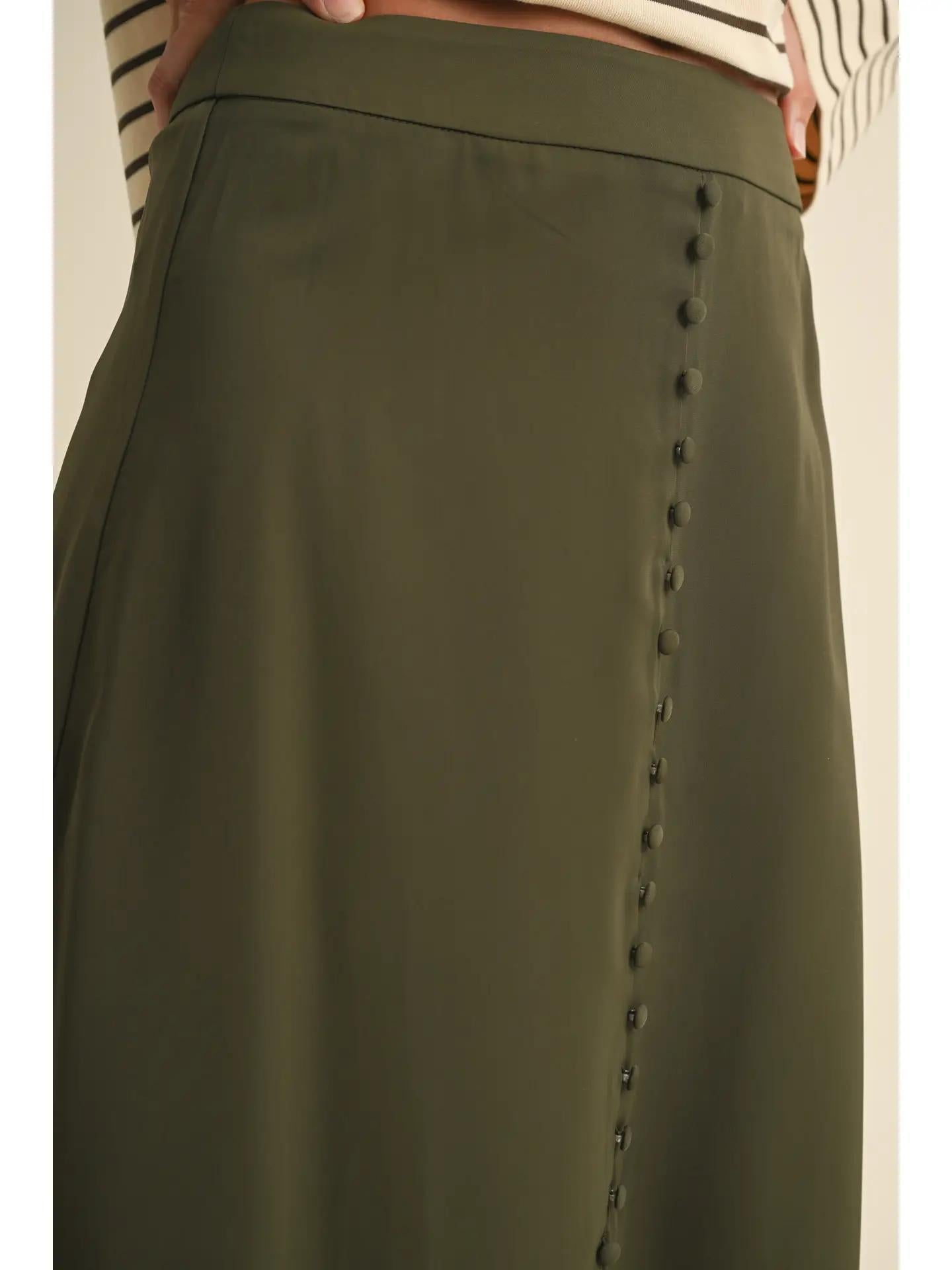 BUTTON DETAIL SATIN SKIRT - OLIVE