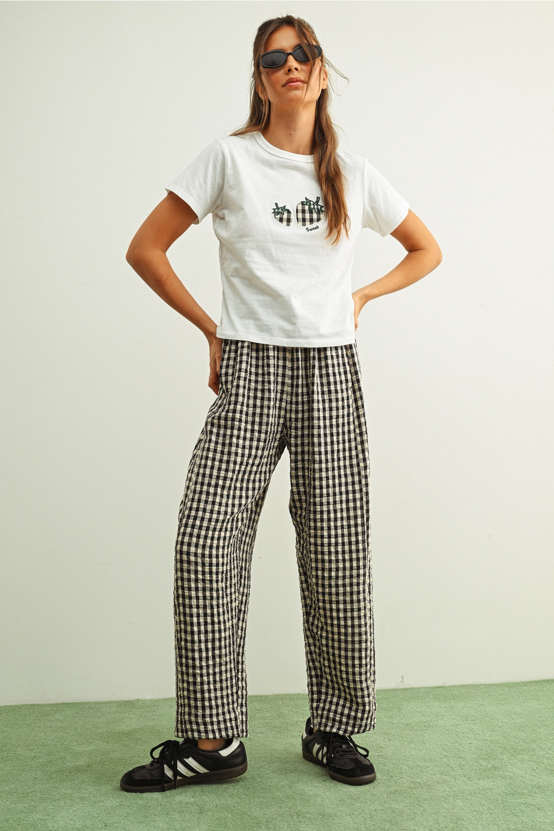 Gingham Pattern Elastic Band Waist Pants - BLACK & WHITE