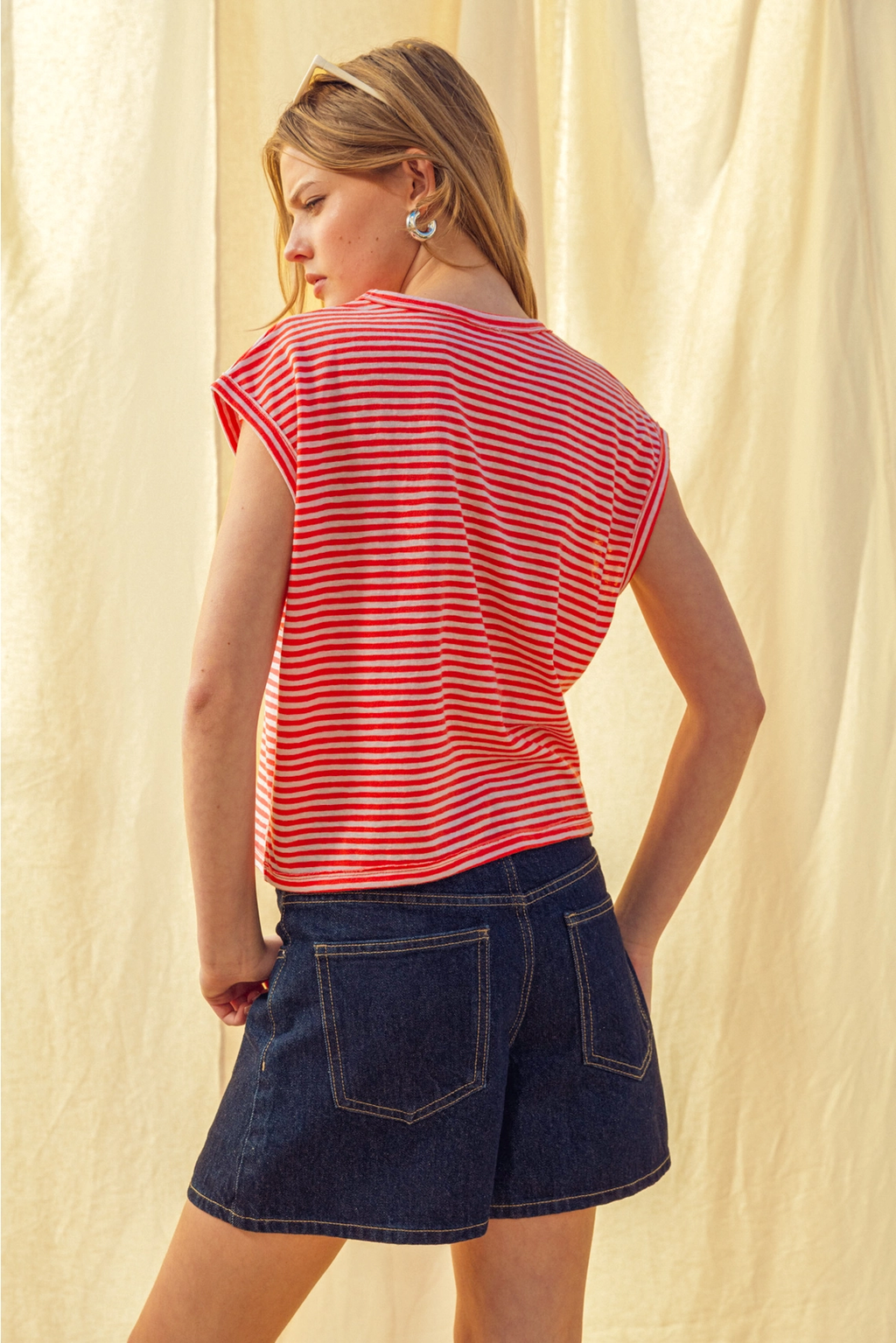Stripe Pattern Slub Top - Cherry White