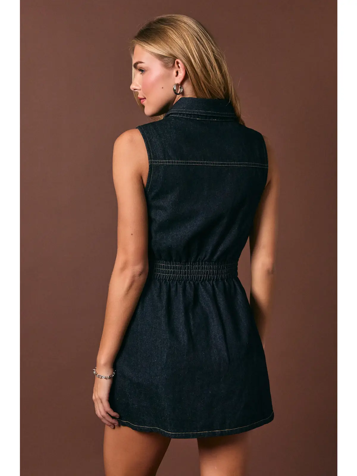 Elastic Waist Sleeveless Denim Dress