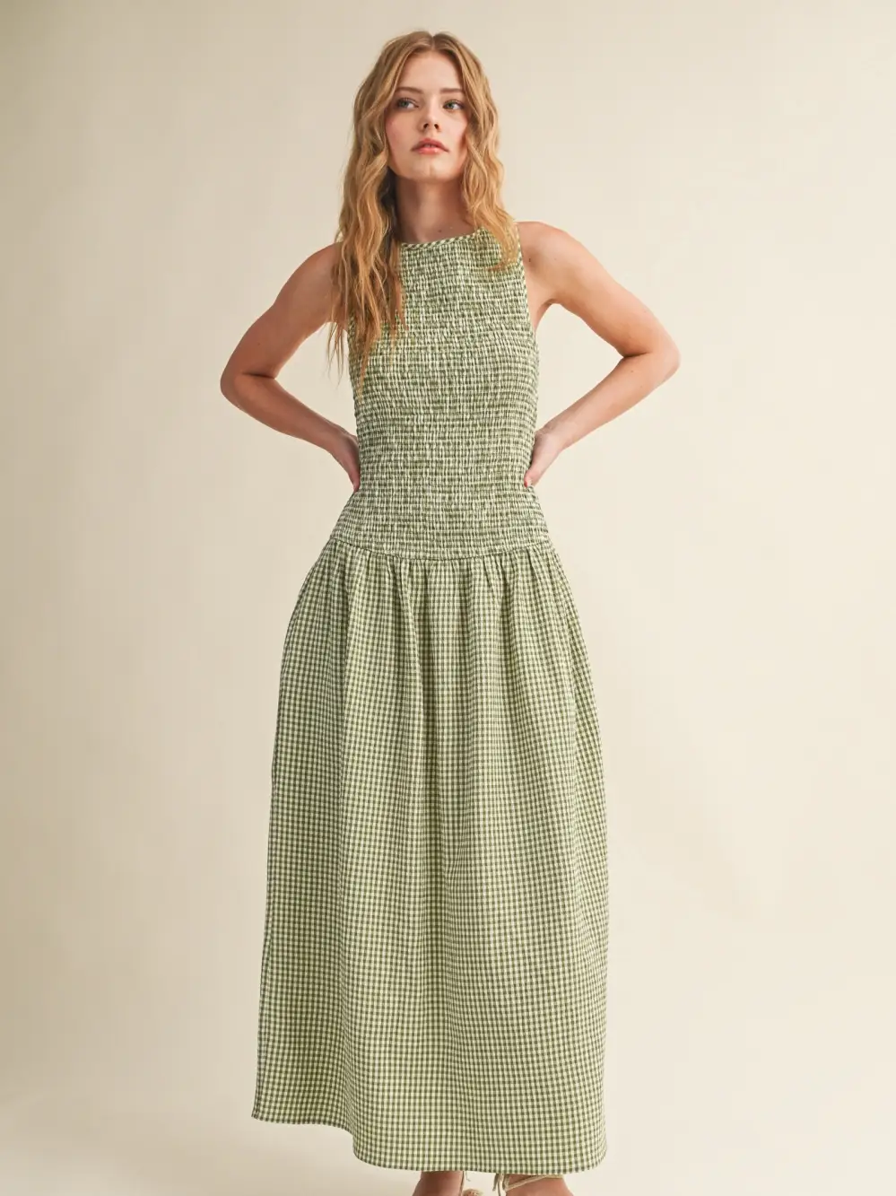 Mini Gingham Pattern Sleeveless Long Dress - GREEN
