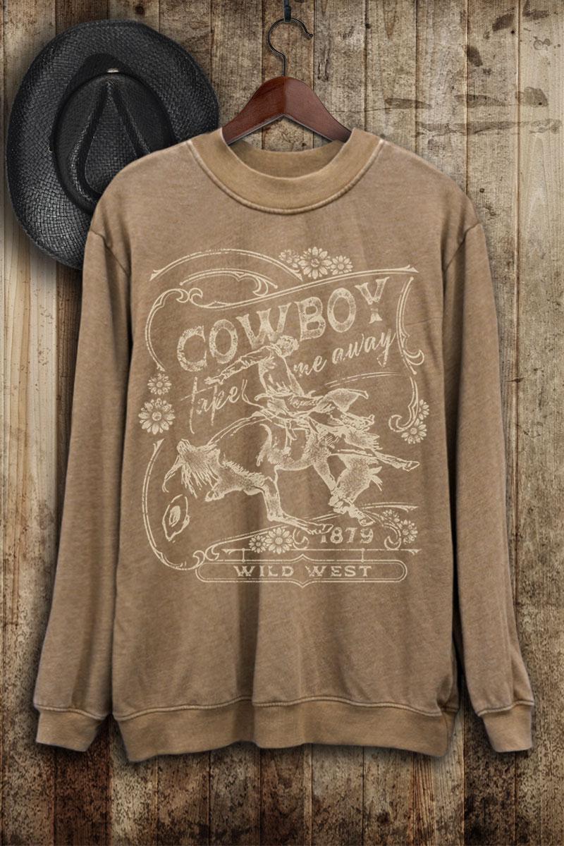 COWBOY TAKE ME AWAY WILD WEST LONG SLEEVE SWEATSHIRT - MINERAL TAUPE