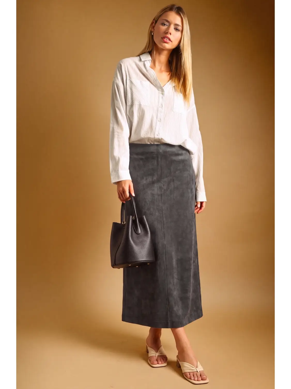 Suede Straight Skirt - CHARCOAL