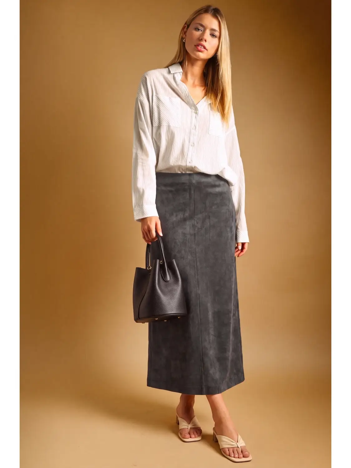 Suede Straight Skirt - CHARCOAL