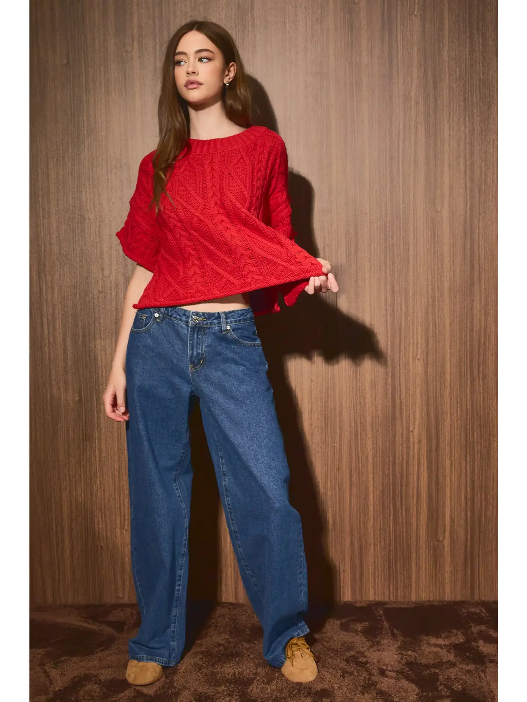 Cable Knit Short Sleeve Crew Neck Sweater Top - RED