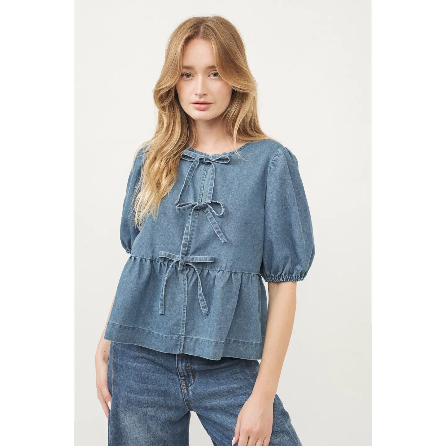 Denim Front Bow Tie Peplum Blouse
