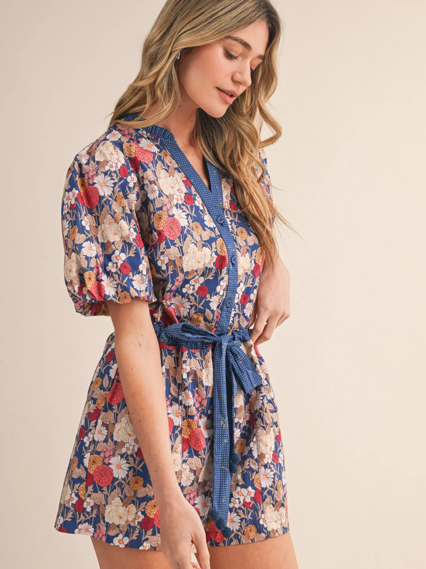 Bubble Sleeve Floral Print Romper - CREAM PINK FLORAL