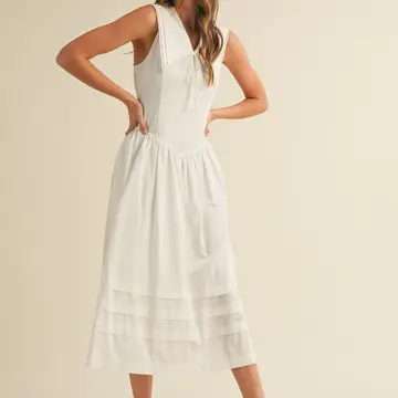 Doll Collar Lace Trim Midi Dress - OFF WHITE