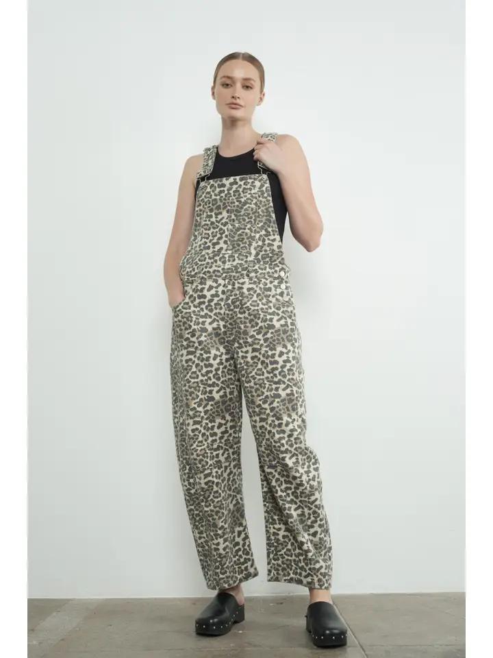 Leopard Print Slouchy Relax Fit Denim Overall