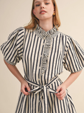 Striped Ruffled Button Down Mini Dress - BLACK STRIPE