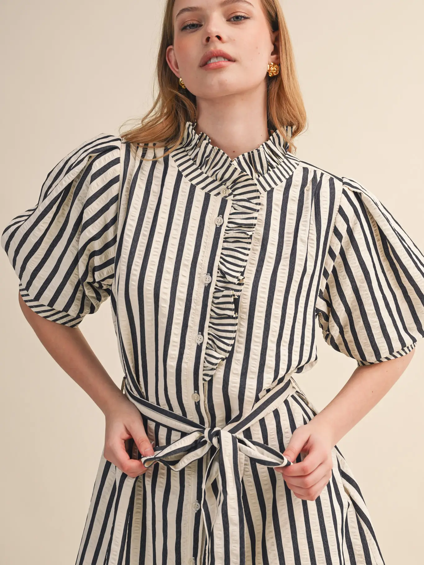 Striped Ruffled Button Down Mini Dress - BLACK STRIPE