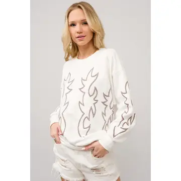 Western Boots Stitch Pullover Sweatshirt - Off White