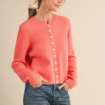 Marled Knit Sweater Cardigan - CORAL RED