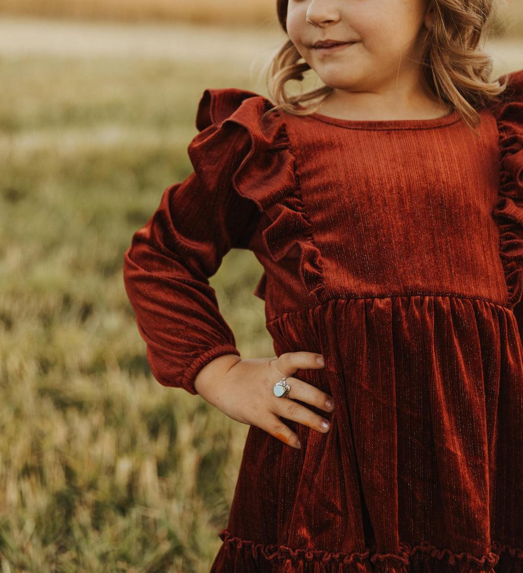 BURGUNDY VELVET RUFFLE GIRL DRESS