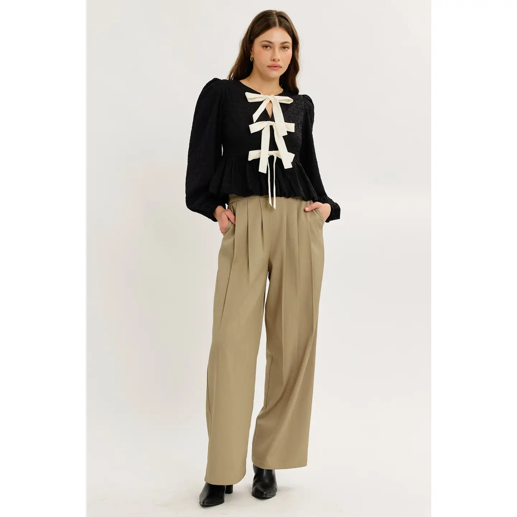 BLACK Textured Bubble Hem Blouse Top with Bow Front Top