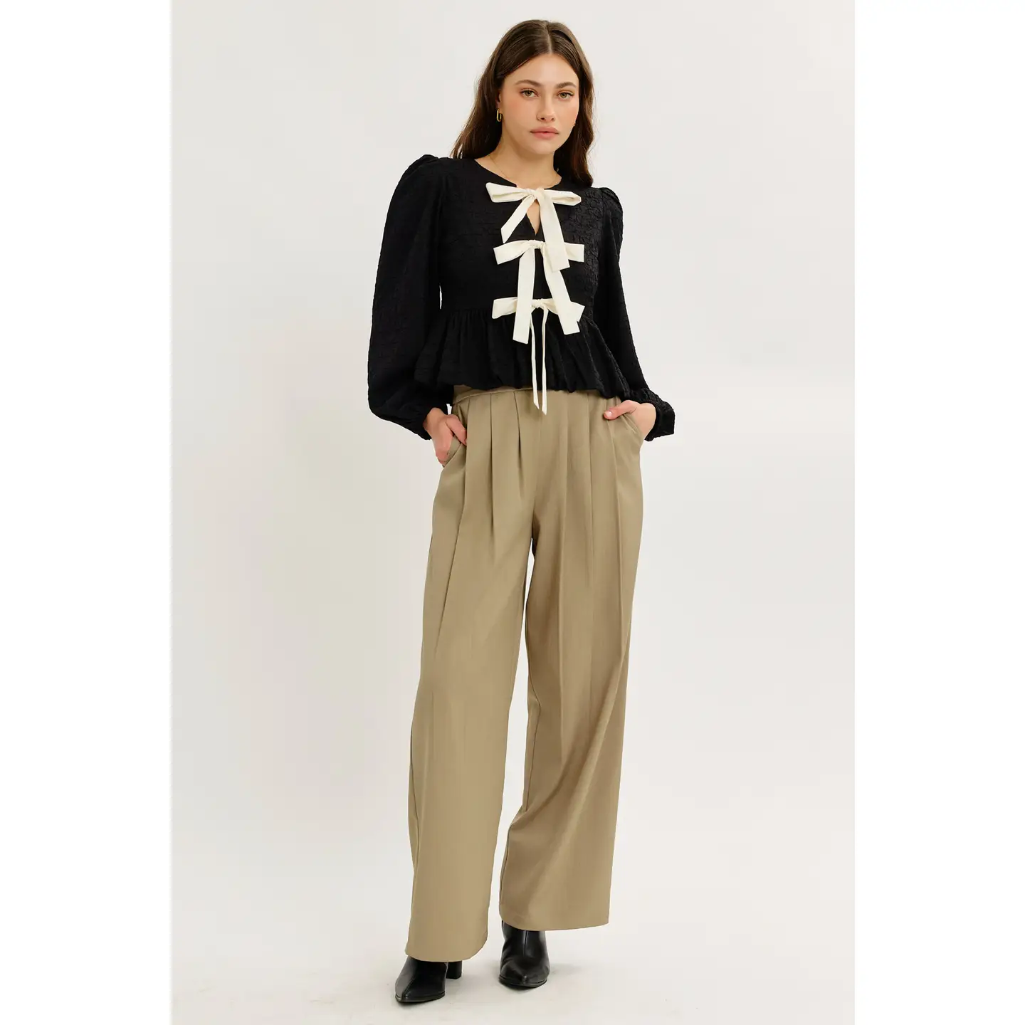 BLACK Textured Bubble Hem Blouse Top with Bow Front Top