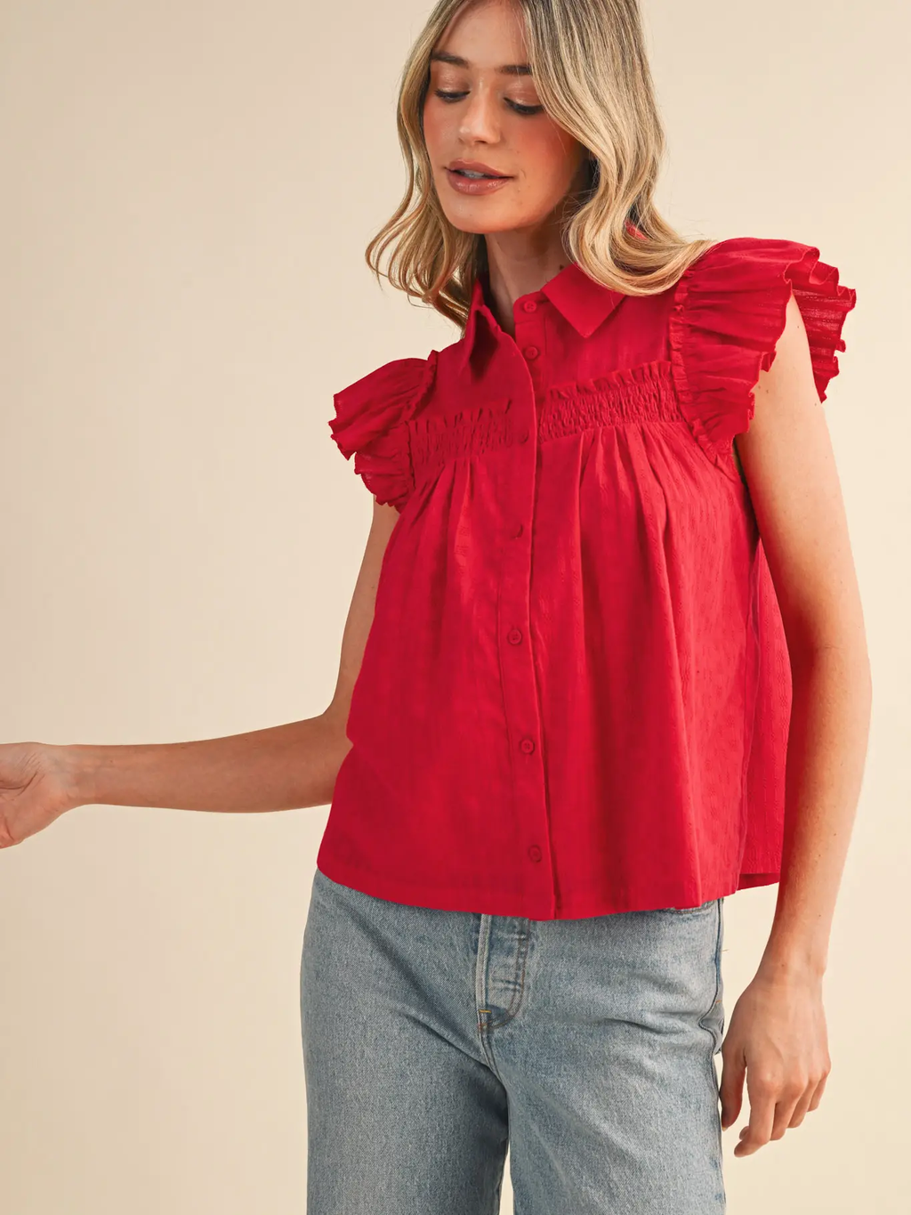 Ruffle Trim Button Down Top - RED