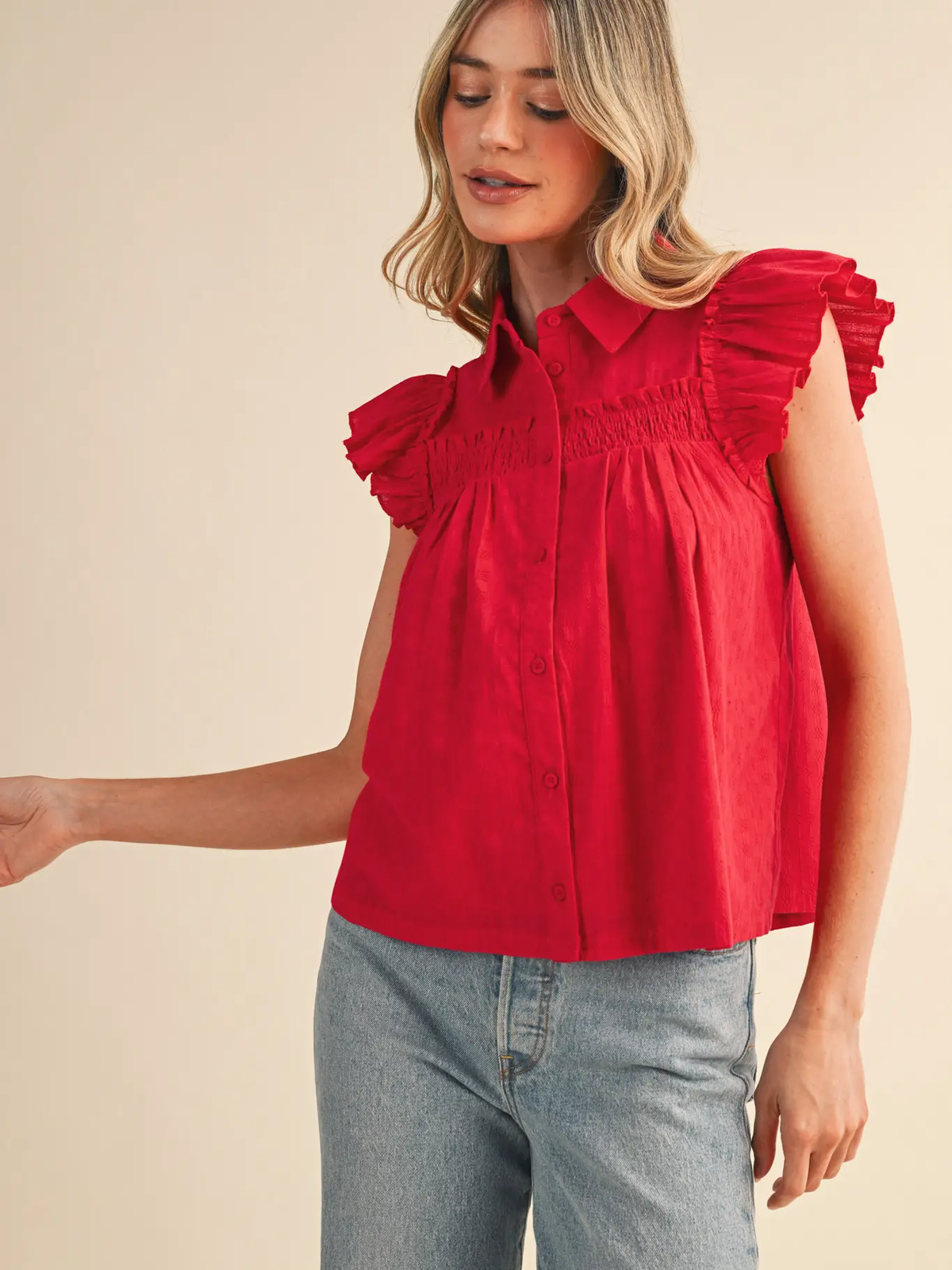 Ruffle Trim Button Down Top - RED