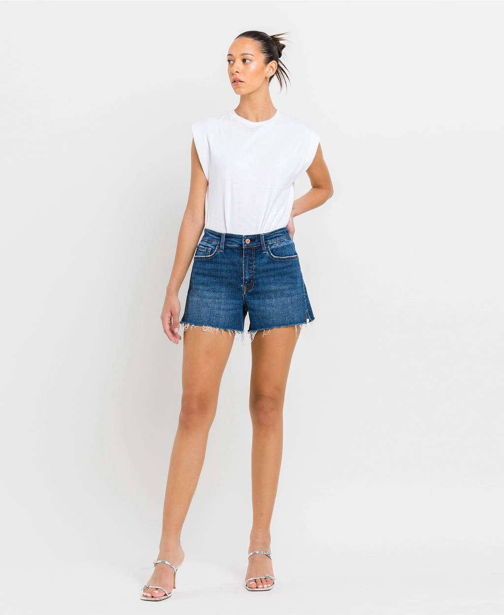 High Rise Distressed Hem A-Line Shorts | Swerve