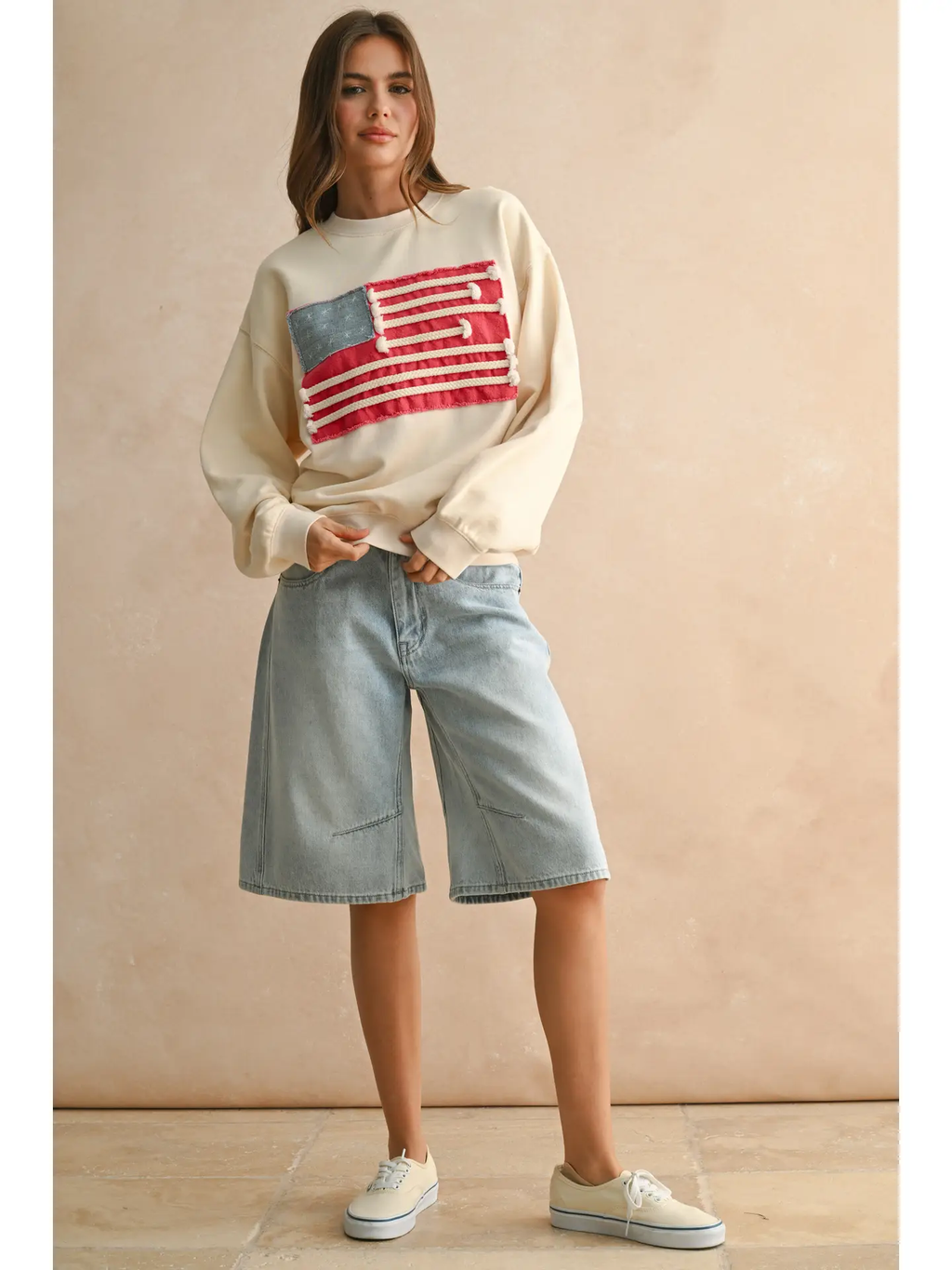 Flag Patch Front Detail Sweatshirts - Cream